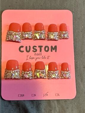 Custom Coral Crystal Accent Press-On Nails